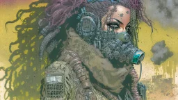 front facing full length portrait illustration of a grunge armored female with beaded dreadlock hair cyberpunk vampire mercenary with gas mask, telecommunications headset, and shemagh, highly detailed with gritty post apocalyptic textures, toxic irradiated landscape, finely detailed facial features and hair, in the graphic novel style of Bill Sienkiewicz, and Jean Giraud Moebius, with elements of collage, mimeograph, and pen and ink, realistic light and shadow