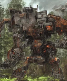 Large rusty destroyed mechwarrior inside a futuristic ancient ruin with plants and animals