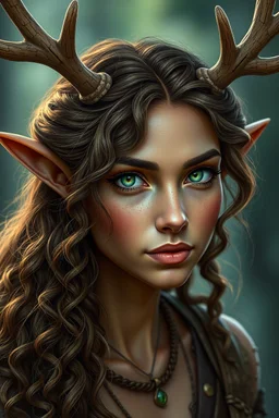 A female fantasy druid with antlers, olive toned skin, long brown curly hair, green eyes, Quirky face, Photorealistic style