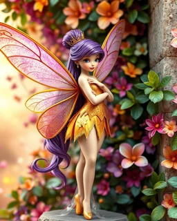 surreal blending picture in Luxurious outside fractals sharp colors,vibrant colorfull,standing pose sweet pose a Tinkerbell fairy wings queen hair purple, golden shiny adorned,in fractals outside ,fractals colorfull fully of flowers and leaves wall background