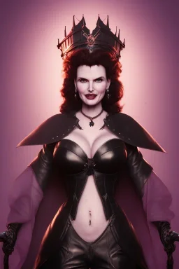 Geena Davis as evil queen in black leather, leather, busty, cleavage, angry, rage, stern look. character design by cory loftis, fenghua zhong, ryohei hase, ismail inceoglu and ruan jia. unreal engine 5, artistic lighting, highly detailed, photorealistic, fantasy