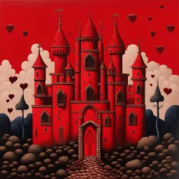 A dark red vampiric castle with hearts designed in Kuna molas painted by Rene Magritte