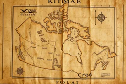 a scan of an ancient Cree Anishinaabe map, hand drawn been stained and weathered