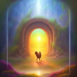 water color and spray painting fantasy art, portrait human camel standing in portal to wet forest world from desert world with camels,poetry book illustration