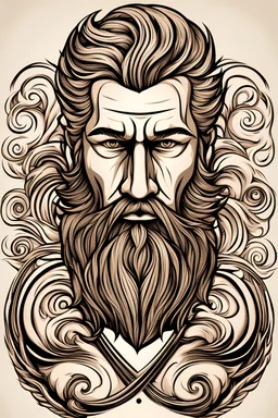 Simple Logo for barbershop. Odin has a cool design hairstyle and beard in Valhalla. Write Barbershop and Valhalla. Should be hair scissors and shaving machine. abstract vector fractal, wave function, Zentangle, 3d shading