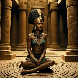 [high res photo 8K by Ray Harryhausen for Pan's Labyrinth (2006)] In the heart of a pyramid, afro Nefertiti is clad in a revealing bandages, her flesh is warm and radiates magic energy, with her feet on the cold tiles of the temple, the braids of her hair end in snakes