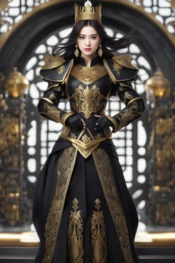 Realistic photography,front_view, (1Queen, looking at viewer), black long hair,traditional dress ornaments mechanical_armor, intricate armor, delicate golden filigree, intricate filigree, black metalic parts, detailed part, dynamic pose, abstrac background, dynamic lighting