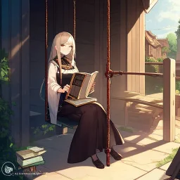 anime girl writing in a book sitting on a porch swing of a very old house in the rain