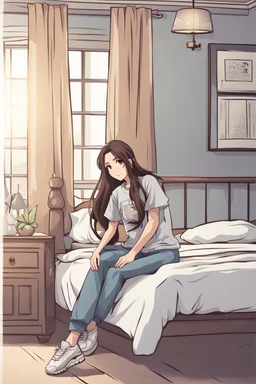 attractive anime woman with brunette long tied hair, t-shirt and sweatpants, full body in frame, bedroom setting