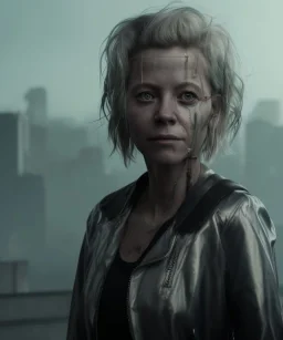 A portrait post-apocalypse cyborg Meg Ryan in a cyberpunk city, sci-fi fantasy style, 8k, volumetric lighting, particales,highly detailed,cinematic, deep scars on face,deep colours.