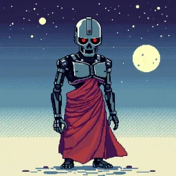 8 bit pixelart of a terminator like robot, synthwave, budist monk robe