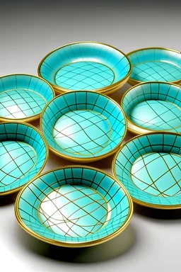 Set of ten ceramic pastel cyan plates with a golden grid on