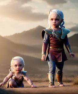 Daenerys Targaryen toddler, full body, dramatic lighting, angry, hyper realistic,