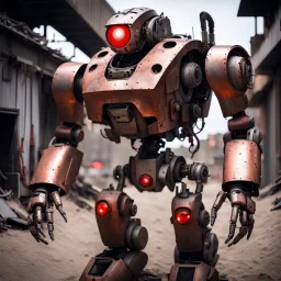 trash mech suit, human-sized, made of scrap metal, small, cockpit, light rust, round, one red glowing eye