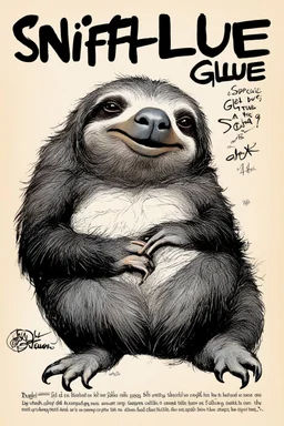 SNIFFIN’ GLUE magazine high res photo cover by Ralph Steadman: special issue on sloth With a gentle swaying of its claws, the sloth gazes upon the equation dXt =[a1 (t)Xt +a0 (t)]dt+[b1 (t)Xt +b0 (t)]dWt ,X0 donneˊThe sloth's mind, usually attuned to the rhythms of nature and the whispers of the wind, is momentarily captivated by the dance of variables and coefficients that unfold before it. It feels a sense of wonder at the complexity and elegance of the mathematical world, so different from t