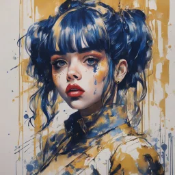 A portrait of a Singer Melanie Martinez face, cyberpunk, painting by Yoji Shinkawa, darkblue and gold tones,