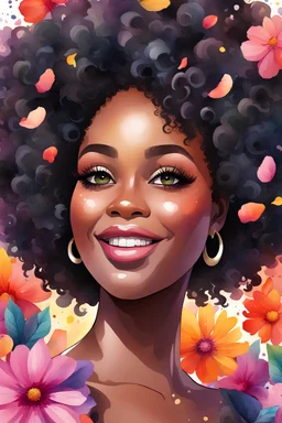 create a watercolor painting image cartoon of a curvy black female looking to the side smiling. Prominent makeup with lush lashes. Highly detailed large tightly curly black afro. Background of colorful flower petals surrounding her