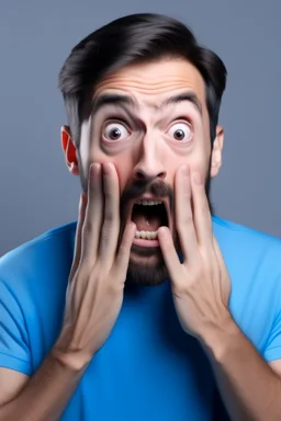 the AI showing surprise on his face expression and cover his mouth with his hand