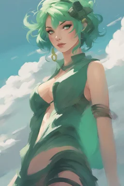 concept art of a beautiful woman with green hair, by Krenz Cushart, clouds, detailed digital artwork, illustrative, painterly, matte painting, highly detailed, cinematic composition, free, liberation