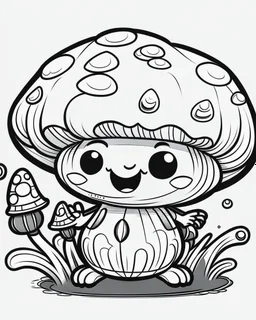 black and white digital art, kawaii style mushroom – human adult, mining action pose outdoors, realistic, outlined art, line art, adult coloring book no border