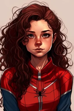 Draw a teenage girl in a red spider man suit costume without the mask, she is white and has dark brown curlyish wavy hair and brown eyes. The background looks bluish and purplish