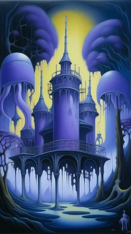 A purple haunted nuclear plant with ghosts painted by the Limbourg brothers