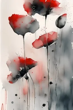 Abstract wet watercolour, grey red poppies