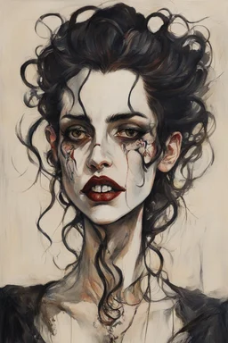 Painting of a Goth vampire girl, with highly detailed hair and facial features in the Expressionist style of Egon Schiele, Oskar Kokoschka, and Franz Marc, in muted natural colors