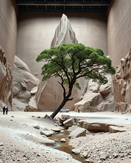 Photograph, a mass of terrain, giant museum space, tree, high walls, high peak in a room, rag, powder, brook, sediments, deflagration of the background, geological formation, light, architecture, minimalist, details of the terrain very accentuated, 8k, deep 3d field, sharp, brutalist, hasselblad h6d400c --ar 85:128 --v 6.0
