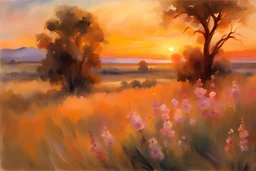 Amazing beautiful sunset, flowers, prairie, mountains, trees, epic, john singer sargent watercolor paintings