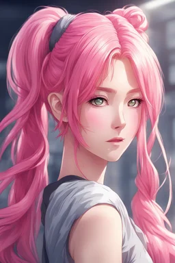 beautiful young woman with long pink hair in a ponytail anime