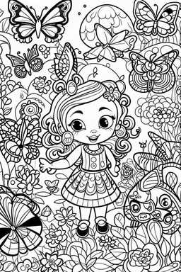 coloring pages for kids, Texto " Lisbeth Del Valle " en alta definición, caracterizado al estilo de Cute hello kitty, halloween y flores, ilustración, mariposas,renderizado 3d, vibrante, 3d render, typography, fantasy art , cartoon style, thick lines, low detail, black and white, no shading, --ar 85:110