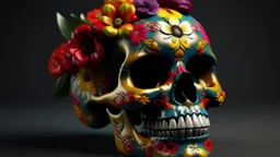 make 3d render realistic Mexican skull of vivid colors with flowers