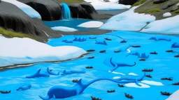 A blue glacier gully with whales painted by Keith Haring