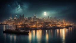 dream world, city harbour, calm beauty, fantasy world, magic, night, darkness, moonlight, starlight, splendor, uplifting, inspiring, therapeutic, chiaroscuro, color, award-winning colour photograph, beautiful composition, Nikon 135mm