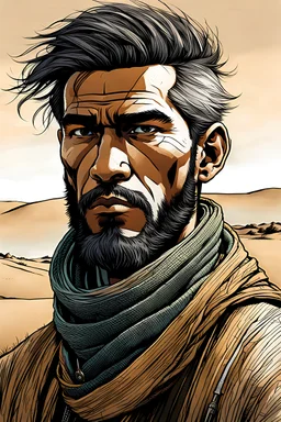 create a front facing, portrait illustration of an young, otherworldly lost Siberian nomadic wanderer with highly detailed, sharply lined and deeply weathered facial features in a desolate tundra steppe landscape in the comic art style of Enki Bilal, precisely drawn, finely lined and inked in arid desert colors
