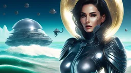 woman with dark hair in a silver robotic catsuit, standing on a futuristic alien beach with a crashed spaceship in the water, with mushrooms with octopus tentacles flying in the air