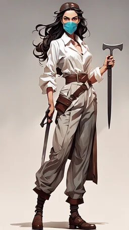 Full body character design, athletic female with wide legged and high waisted pants, white blouse, full face mask made of porcelain in a roman style , long hair, holding a trench cleaver, flat leather pouch on belt, thick heeled shoes