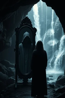 a woman standing in front of a mirror with reflection of her as dark hooded creature in the mirror, in the dark cave with waterfalls in the background