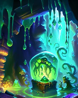 a slimy dripping gelatinous cube in vast dungeon cave room with treasure chests rpg art painterly