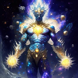 A divine being made from the combination of water and sun with cosmic powers and Dracula God-like man with infinite power who owns the galaxies and wears a beautiful crown A battle suit made of galaxies and stars with a glove that has seven endless stones with a mighty army behind him