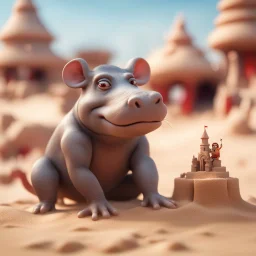 hot female rat hippo gremlin in sand castle on the red beach ,bokeh like f/0.8, tilt-shift lens 8k, high detail, smooth render, down-light, unreal engine