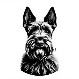 circle containing a black and white image of a Scottish terrier