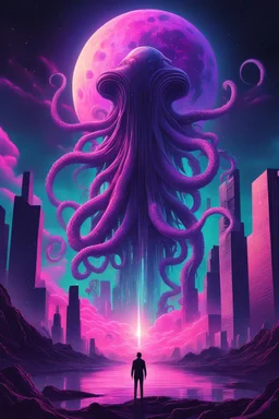 A surreal synthwave landscape featuring a towering cosmic entity with tentacles reaching towards a neon-lit city, under a sky filled with glitching stars, a distorted moon, and dark, swirling cosmic anomalies.