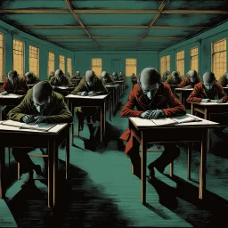 Surreal dark english classroom with students hunched over desks close together in perfect rows that stretch on and on into the horizon, style by Gerald Scarfe, by Dave McKean, dark surrealism, dull colors, digital illustration, dramatic depth of field, don't need no education