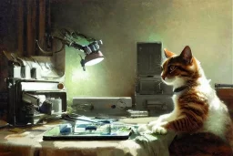  ( ( ( ( ( 1 9 5 0 s retro future robot android muted colors ) ) ) ) ) by jean - baptiste monge!!!!!!!!!!!!!!!!!!!!!!!!!!!!!! a close up view of a cute cat robot writing on desk, a painting of jeremy mann, by jean - baptiste monge