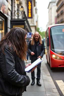 A stalker wants an autograph from a long-haired rock musician on a street in central London. The stalker is an overweight soon bald 25-year-old and looks a bit slimy, the atmosphere is oppressive and unpleasant, lot of traffic and london busses, hectic hour, a nice hotel