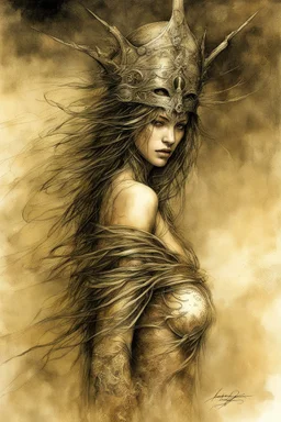 Hyper-photorealistic watercolor art style by Luis Royo & James Paick, Surreal fine art etching of a figure by Luis Royo, tanned skin inscribed with the transient story of mortality, ethereal light playing with its form whispering tales of an eternal realm, eyes, black as the depths of the night, ardently pinand looking towards the endless skies, a crown of black hair mirroring the mystery of the cosmos around, whole scene tinged with an ethereal softness from volumetric lighting, hues gr,