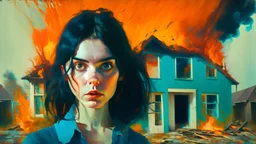 Young pale woman, messy black hair, relaxed green eyes aimed at the camera, in front of an exploding house, oil painting, symmetrical face, small button nose, high cheekbones, split-complementary color scheme (blue, red and orange), wide cinematic shot, full body, strong orange edge light.