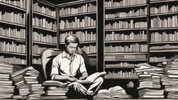 The image captures a moment of deep immersion in the world of books and personal development. It offers a unique glimpse as the person sits surrounded by books, engrossed in reading content that contributes to self-improvement and acquiring new knowledge. The proper lighting and intricate details enhance a positive and motivating atmosphere for learning and growth. The image portrays a scene where the individual is actively engaging in self-development through reading, highlighting the impact of